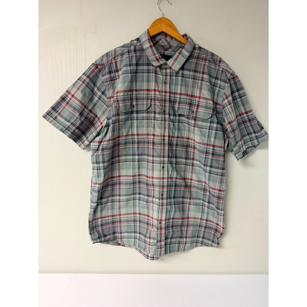 prAna Men's XL Gray Red Plaid Short Sleeve Button Front Shirt Outdoor